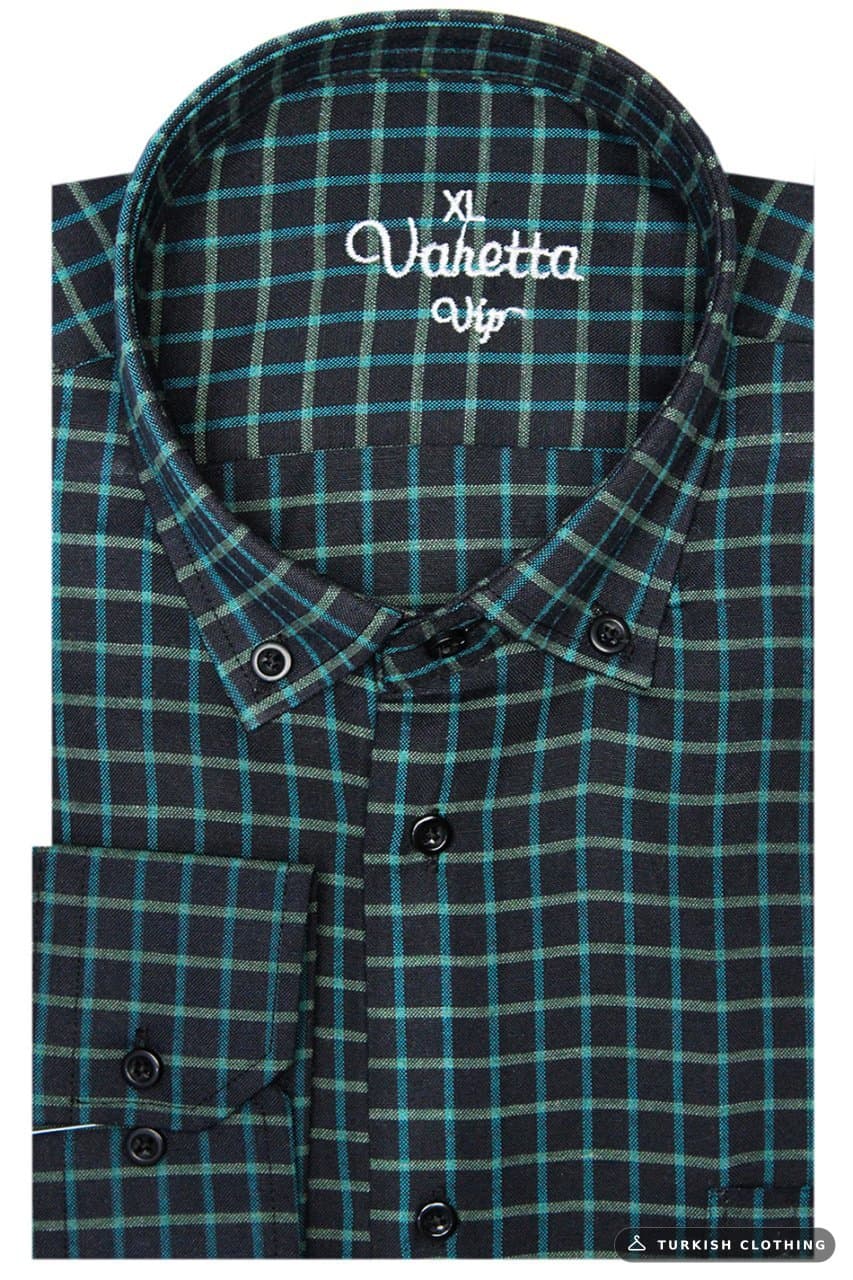 Men's Black Green Long Sleeve Plaid Checked Classic-Cut Collar Buttoned Pocket Shirt – wholesale Shirts by Varetta, Turkish