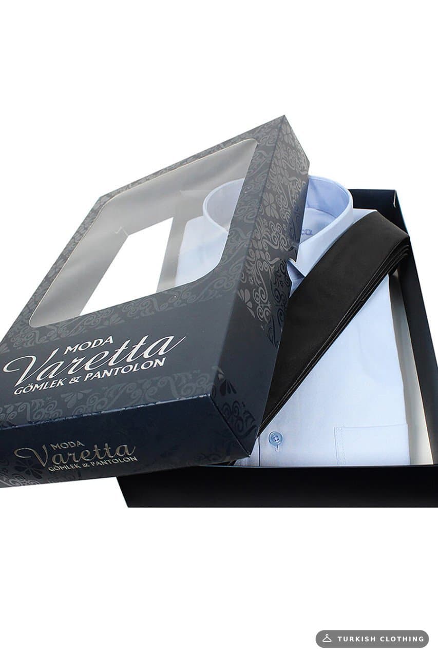 Men's Blue Classic Cut Long Sleeve Single Pocket Shirt Black Tie Combination Set – wholesale Shirts by Varetta, Turkish