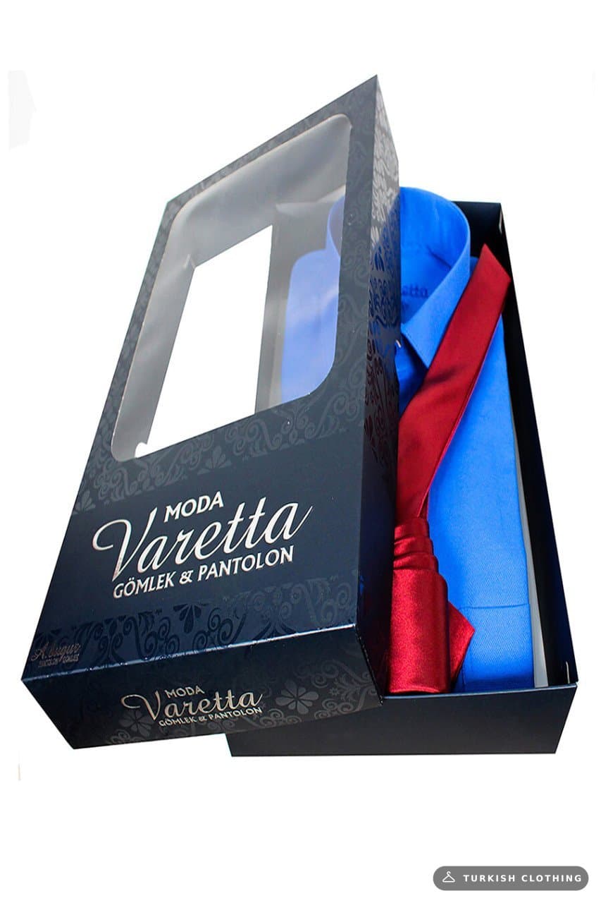 Men's Blue Classic Cut Long Sleeve Single Pocket Shirt Claret Red Tie — Burgundy – wholesale Shirts by Varetta, Turkish