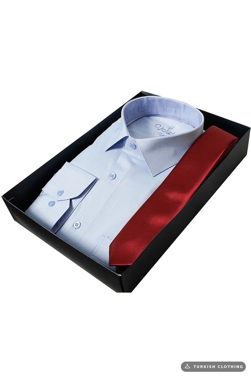 Men's Blue Classic Cut Long Sleeve Single Pocket Shirt Claret Red Tie — Burgundy (2) – wholesale Shirts by Varetta, Turkish
