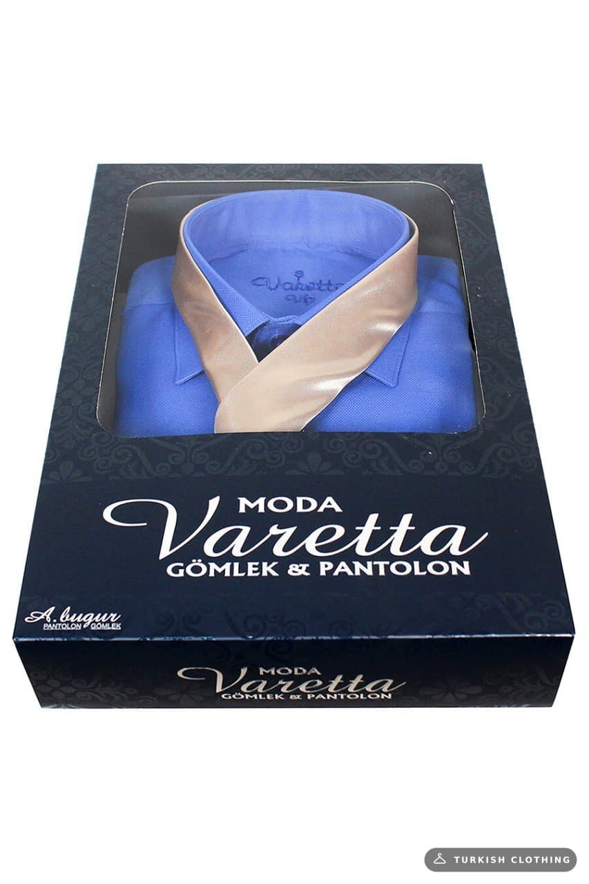 Men's Blue Classic Cut Long Sleeve Single Pocket Shirt Cream Color Tie Combination Set – wholesale Shirts by Varetta,