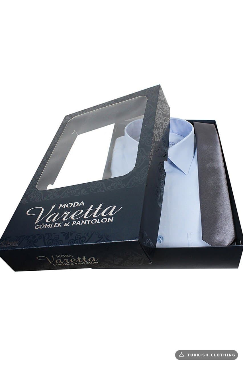 Men's Blue Classic Cut Long Sleeve Single Pocket Shirt Dark Gray Tie Combination Set – wholesale Shirts by Varetta, Turkish