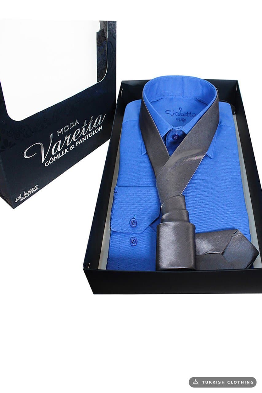 Men's Blue Classic Cut Long Sleeve Single Pocket Shirt Dark Gray Tie Combination Set (2) – wholesale Shirts by Varetta,