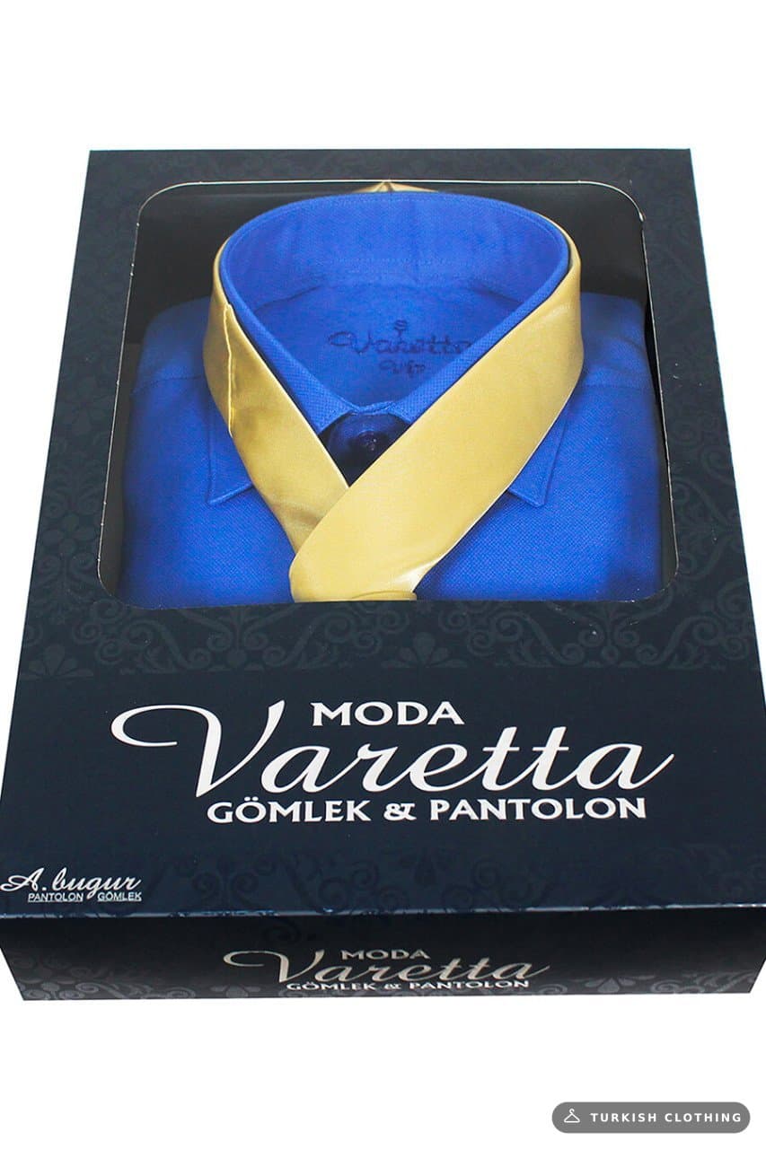 Men's Blue Classic Cut Long Sleeve Single Pocket Shirt Gold Tie Combination Set – wholesale Shirts by Varetta, Turkish