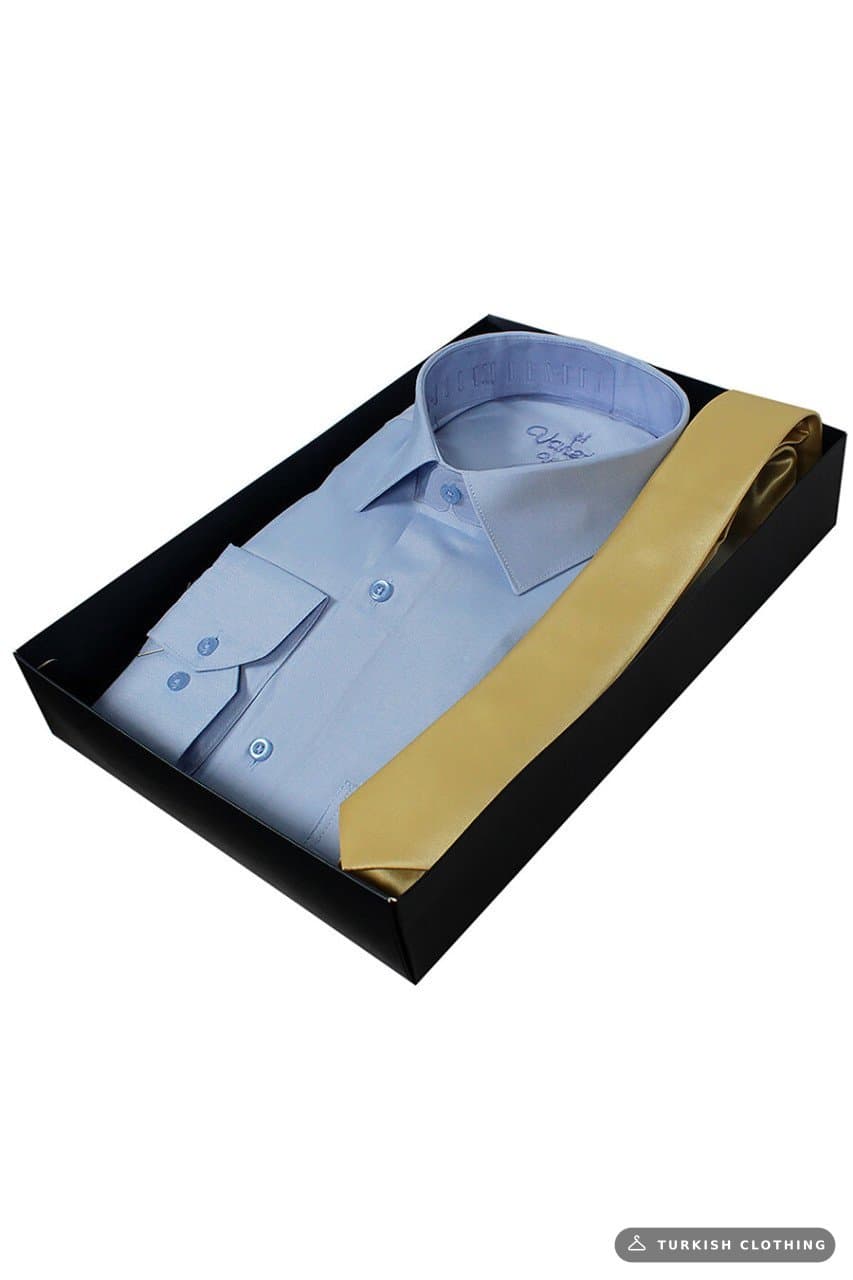 Men's Blue Classic Cut Long Sleeve Single Pocket Shirt Gold Tie Combination Set (2) – wholesale Shirts by Varetta, Turkish