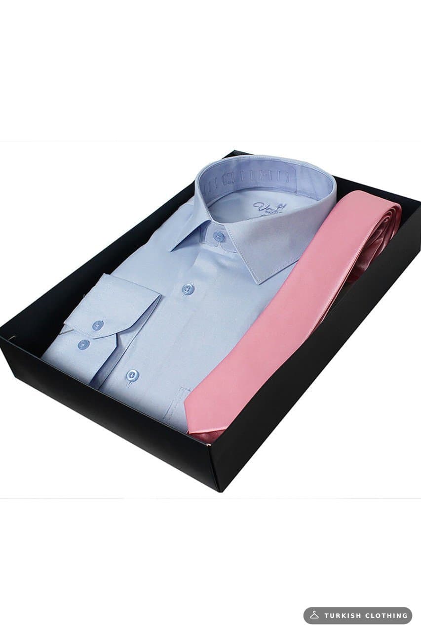 Men's Blue Classic Cut Long Sleeve Single Pocket Shirt Pink Tie Combination Set – wholesale Shirts by Varetta, Turkish