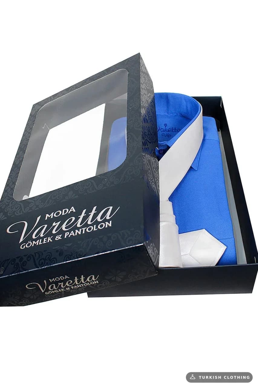 Men's Blue Classic Cut Long Sleeve Single Pocket Shirt White Tie Combination Set – wholesale Shirts by Varetta, Turkish