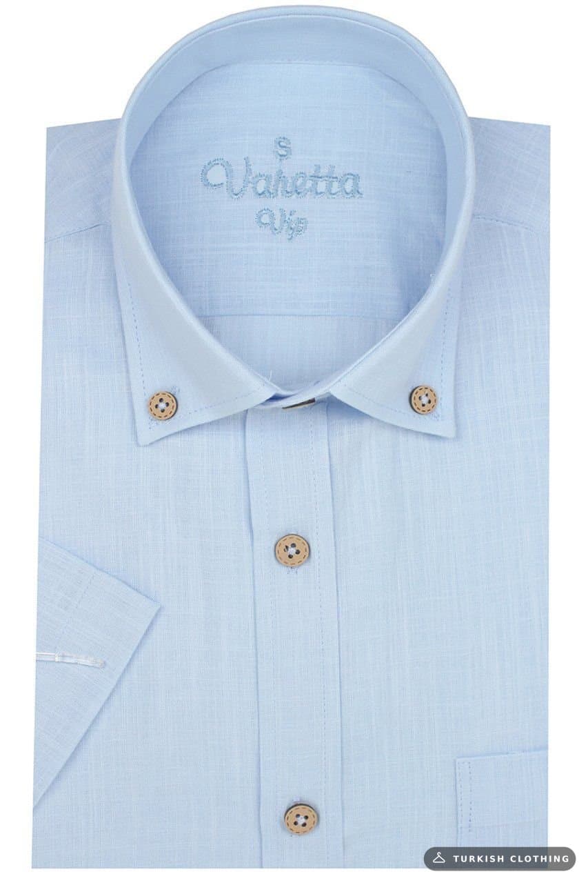 Men's Blue Linen Classic Cut Short Sleeve Shirt – wholesale Shirts by Varetta, Turkish clothing manufacturer