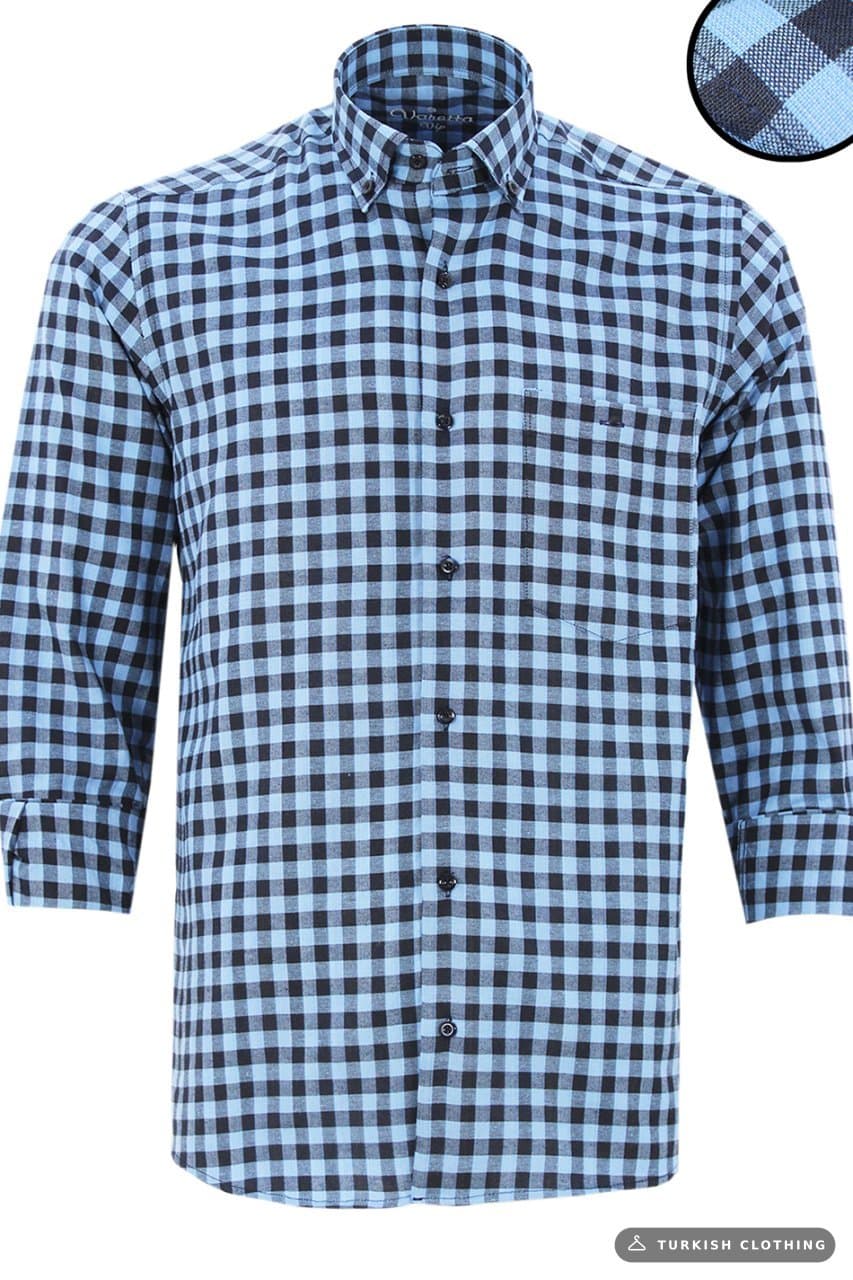 Men's Blue Long Sleeve Plaid Checked Classic-Cut Collar Buttoned Pocket Shirt – wholesale Shirts by Varetta, Turkish