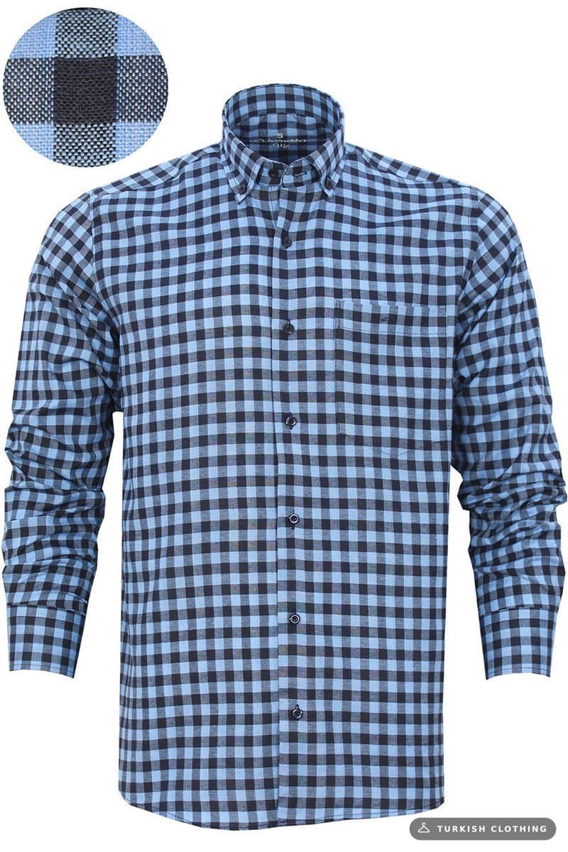 Men's Blue Navy Classic Cut Checked Collar Buttoned Single Pocket Long Sleeve Shirt – wholesale Shirts by Varetta, Turkish