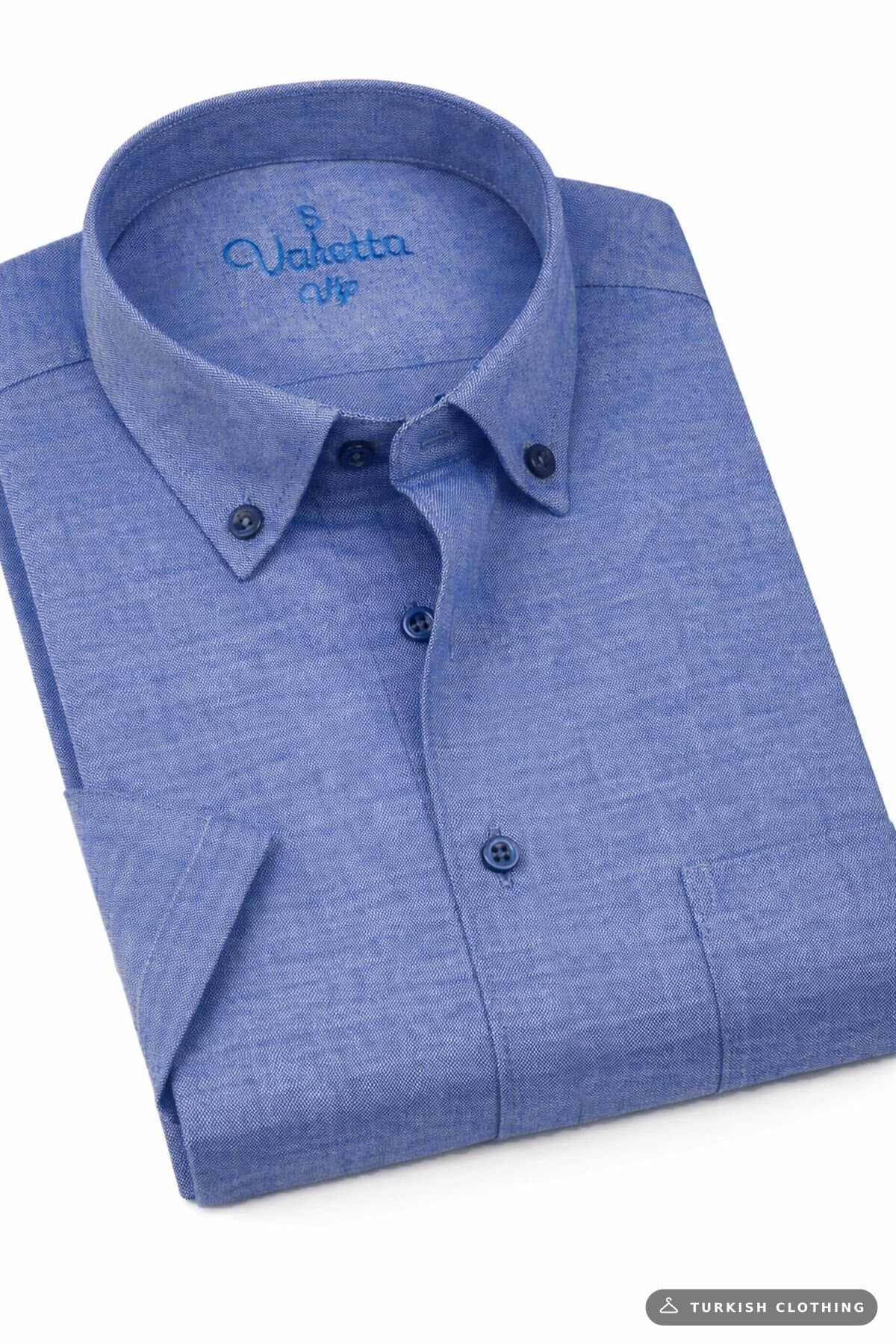 Men's Blue Shirt Short Sleeve Classic Cut Collar Buttoned Cotton Satin – wholesale Shirts by Varetta, Turkish clothing