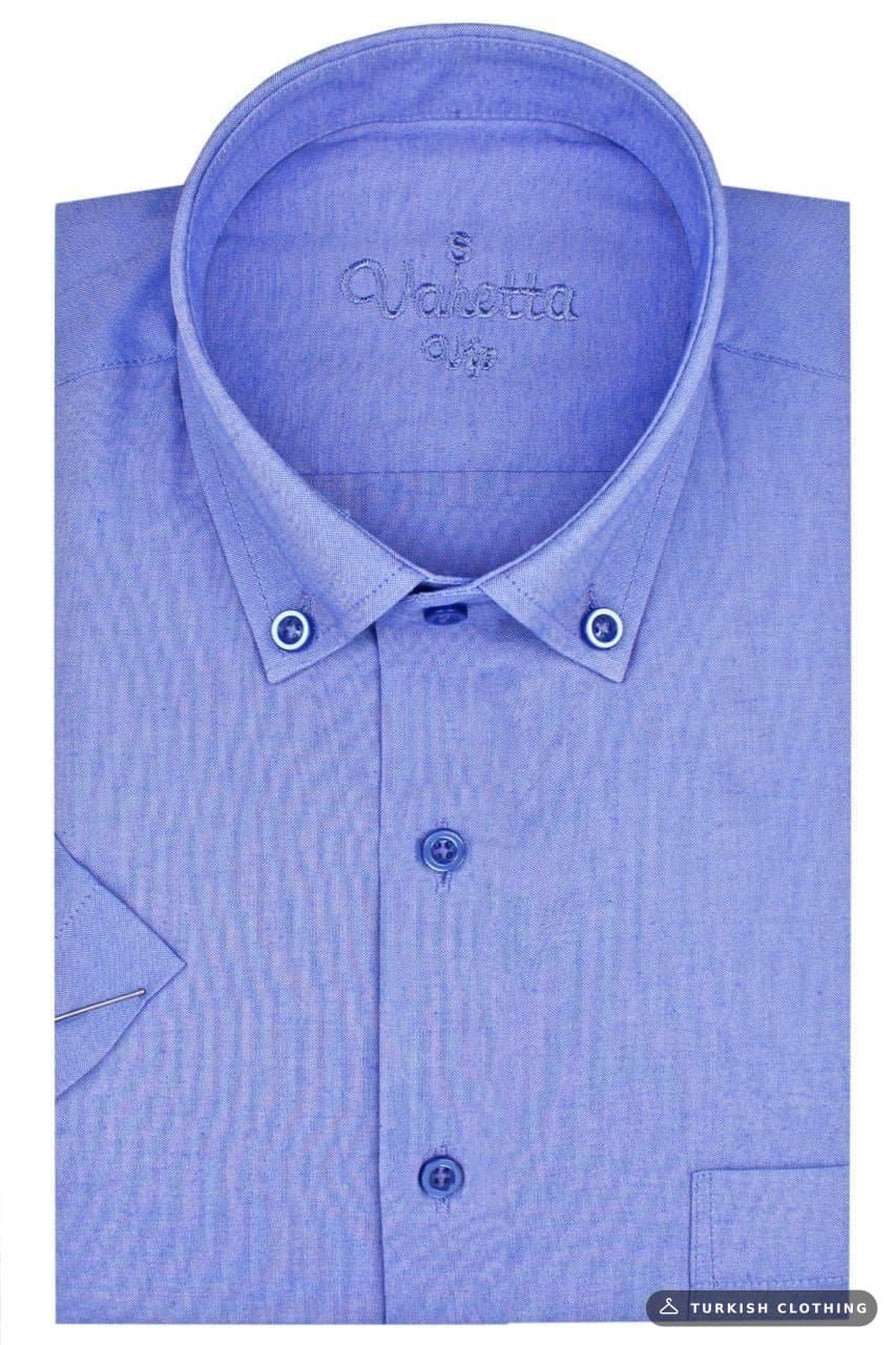 Men's Blue Shirt Short Sleeve Classic Cut Collar Buttoned Cotton Satin Lord – wholesale Shirts by Varetta, Turkish clothing