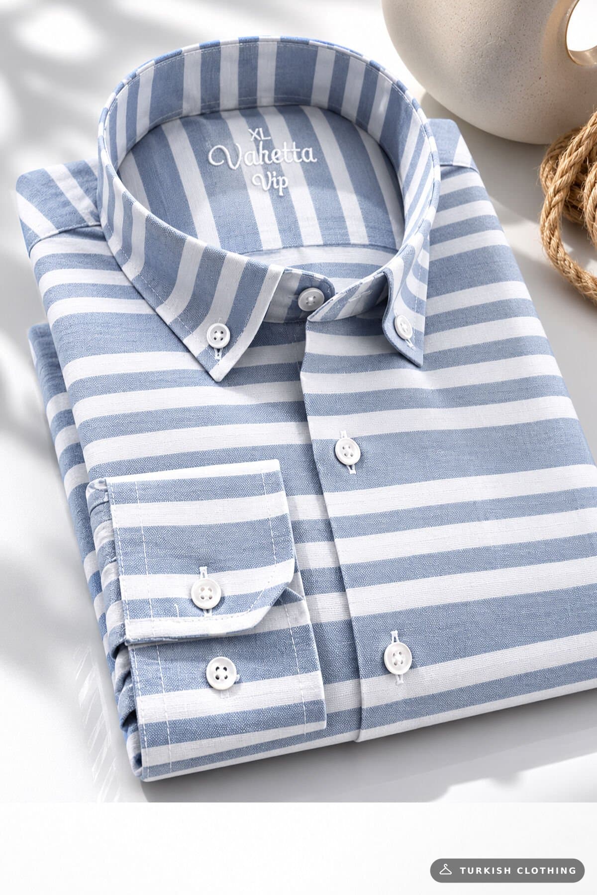 Men's Blue Striped Shirt Long Sleeve Cotton Button-Up Collar Classic Cut – wholesale Shirts by Varetta, Turkish clothing