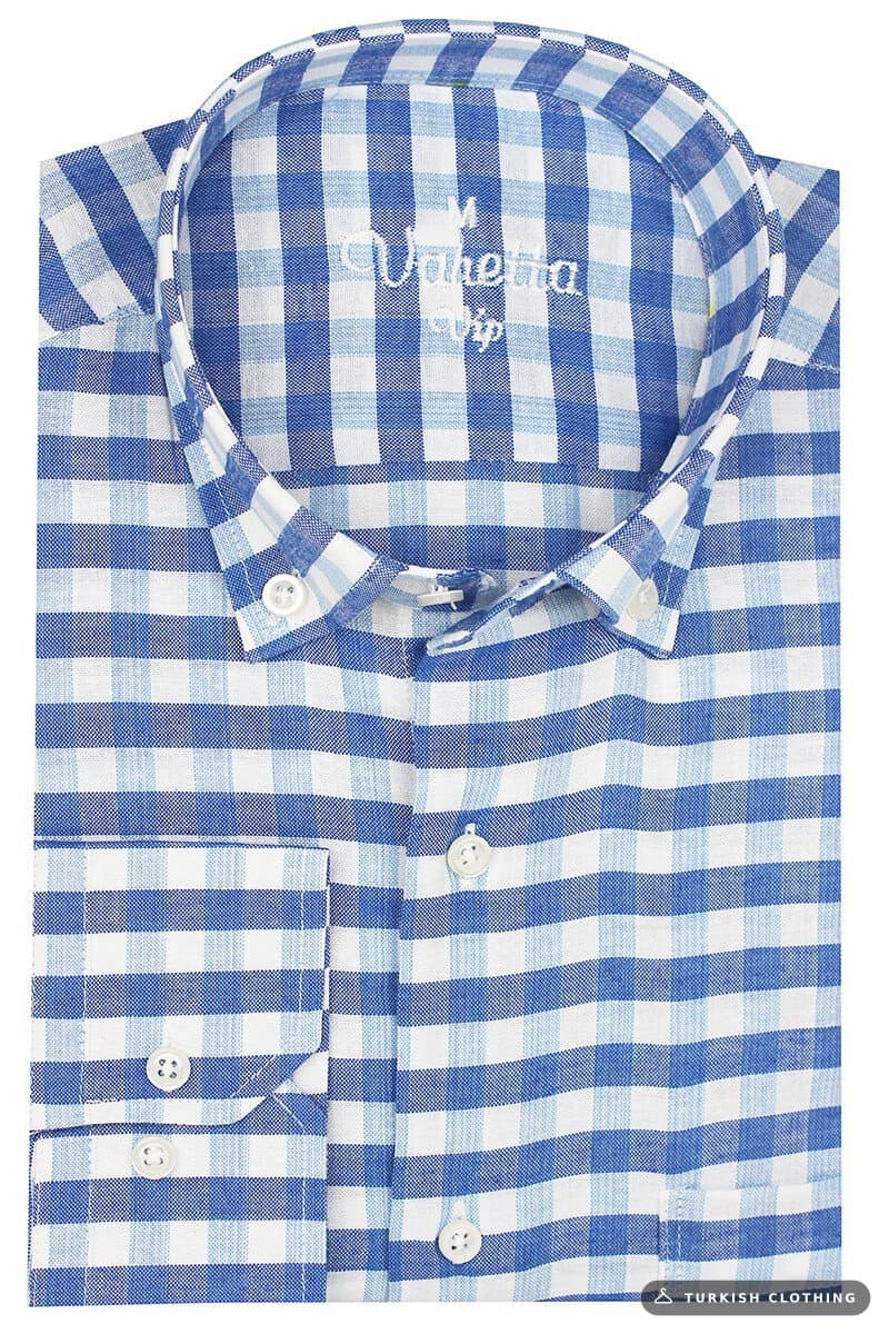 Men's Blue White Classic Cut Checked Collar Buttoned Single Pocket Long Sleeve Shirt – wholesale Shirts by Varetta, Turkish