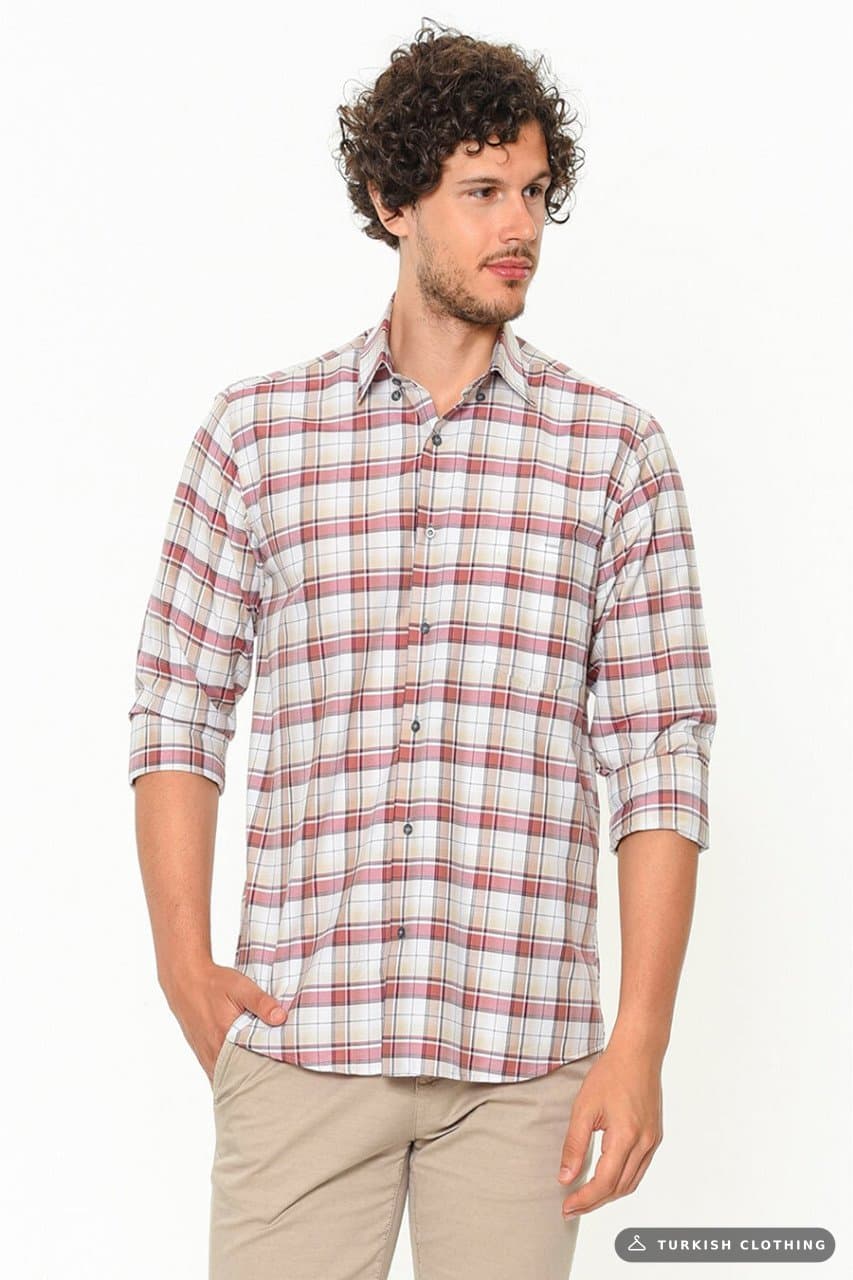 Men's Brown Classic Cut Patterned Single Pocket Collar Buttoned Long Sleeve Shirt – wholesale Shirts by Varetta, Turkish