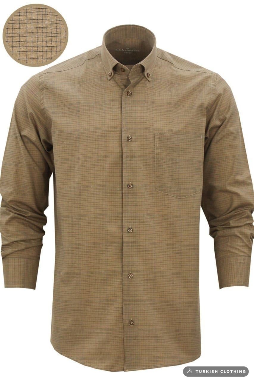 Men's Brown Classic Cut Single Pocket Checkered Long Sleeve Shirt Milk Coffee – wholesale Shirts by Varetta, Turkish
