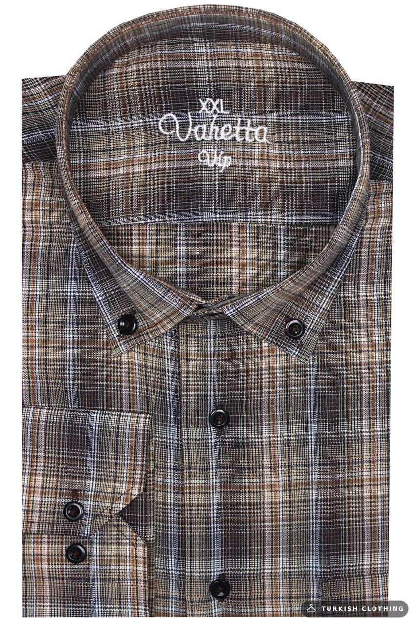 Men's Brown Super Large Size Long Sleeve Collar Buttoned Checkered Single Pocket Shirt – wholesale Shirts by Varetta,