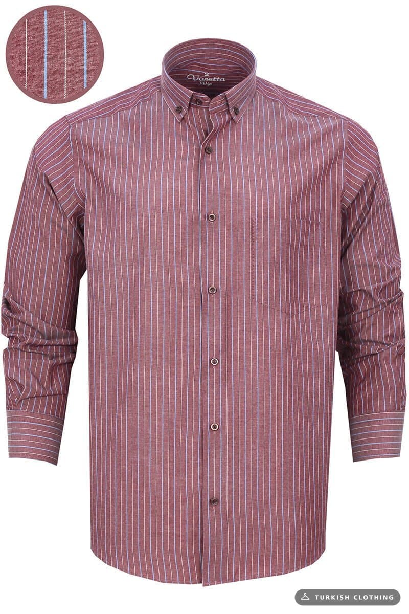 Men's Burgundy Blue Classic Cut Striped Collar Buttoned Single Pocket Long Sleeve Shirt – wholesale Shirts by Varetta,