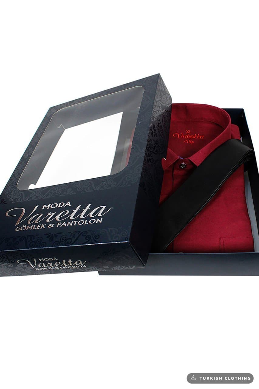 Men's Burgundy Classic Cut Long Sleeve Single Pocket Shirt Black Tie Combination Set – wholesale Shirts by Varetta, Turkish