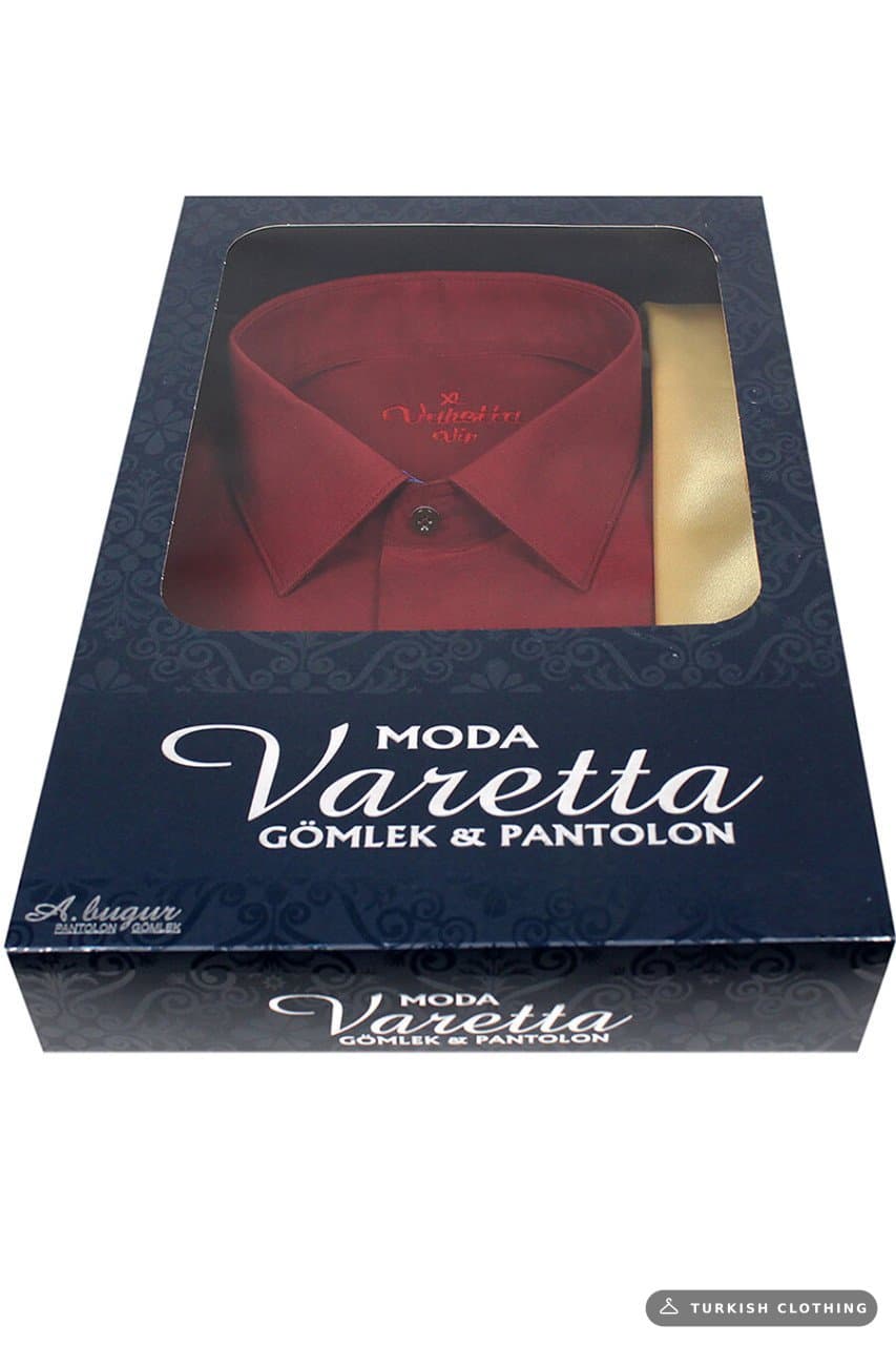 Men's Burgundy Classic Cut Long Sleeve Single Pocket Shirt Gold Tie Combination Set – wholesale Shirts by Varetta, Turkish
