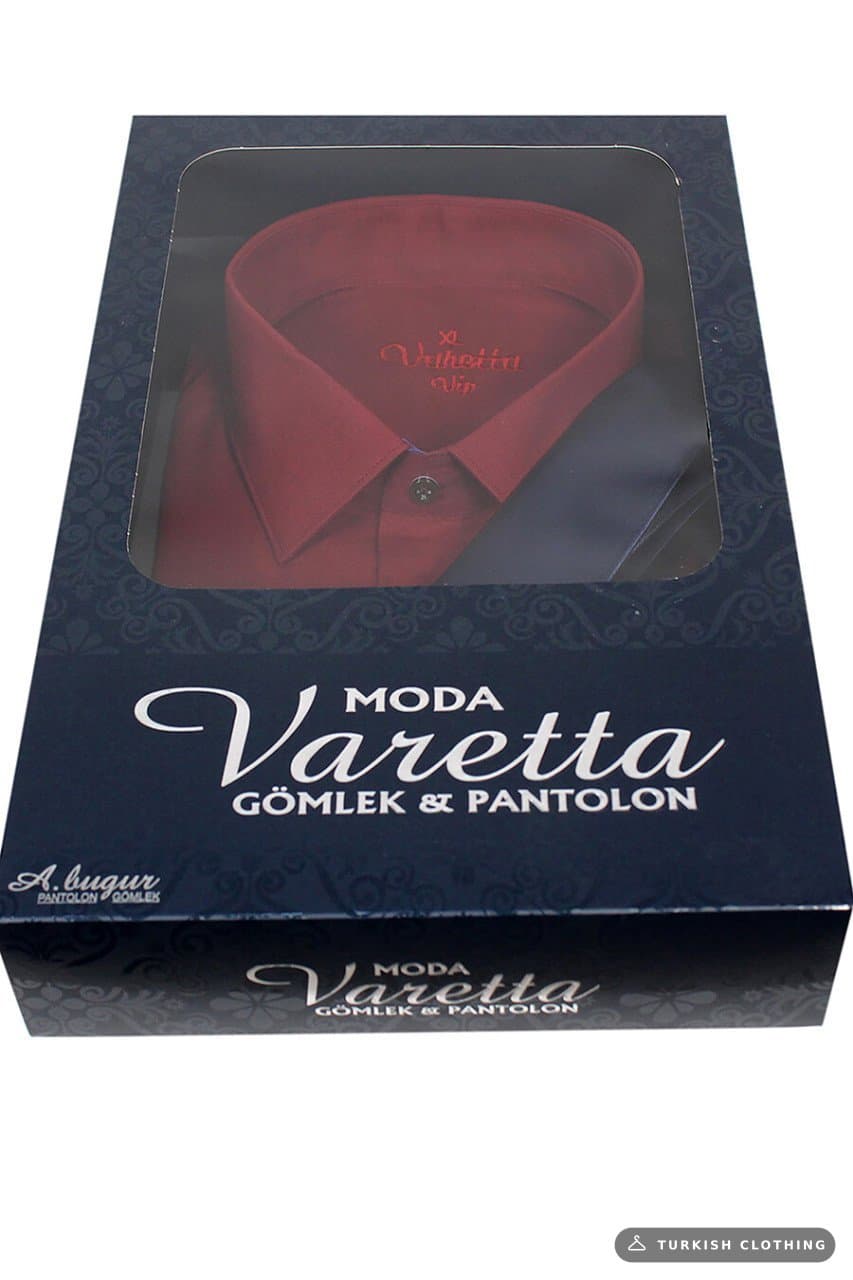 Men's Burgundy Classic Cut Long Sleeve Single Pocket Shirt Navy Blue Tie Combination Set – wholesale Shirts by Varetta,