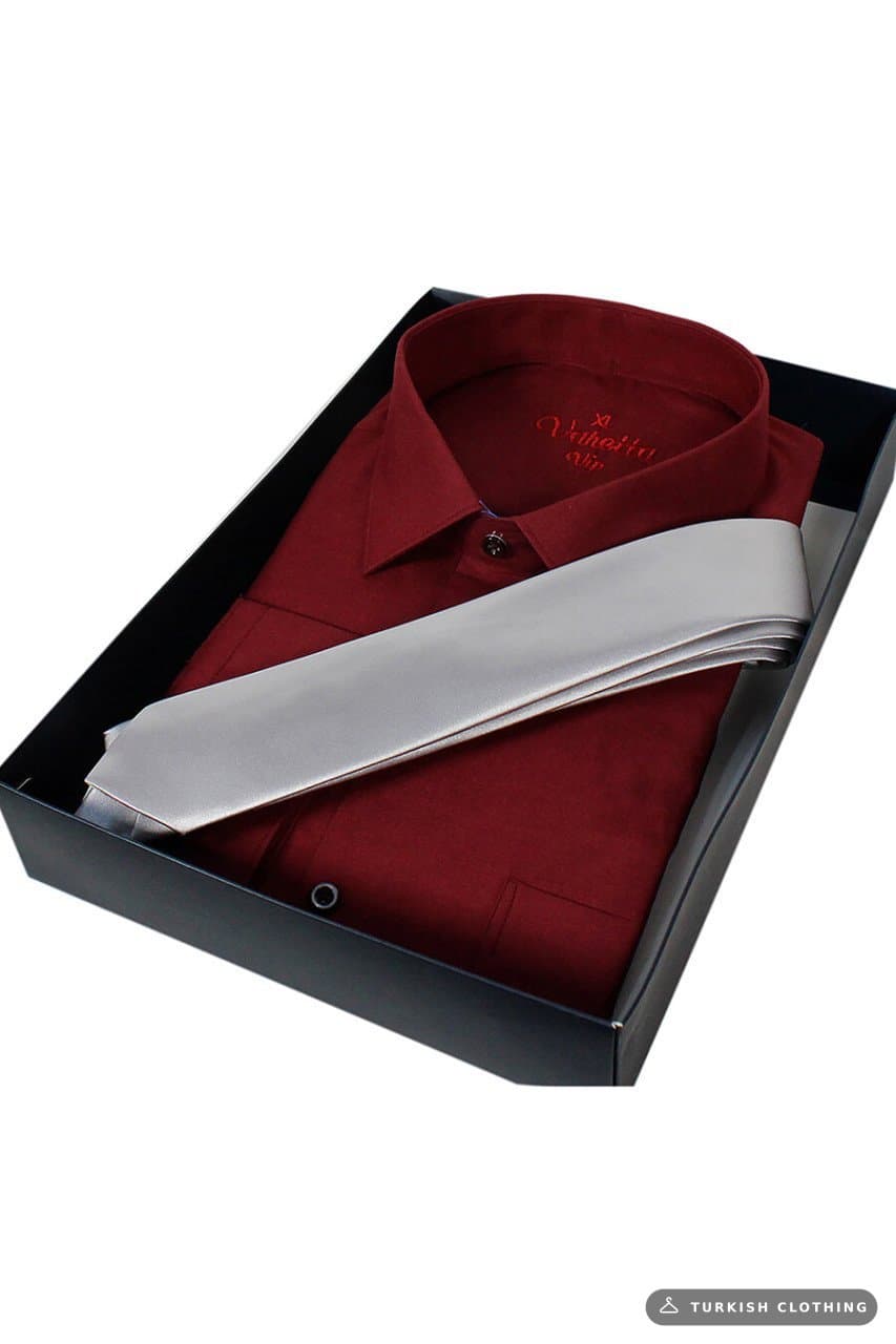 Men's Burgundy Classic Cut Long Sleeve Single Pocket Shirt White Tie Combination Set – wholesale Shirts by Varetta, Turkish