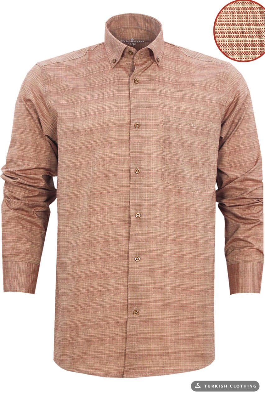Men's Cinnamon Color Classic Cut Checked Collar Buttoned Single Pocket Long — Button-Down – wholesale Shirts by Varetta,