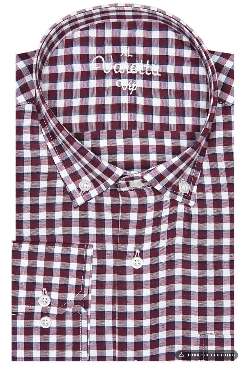 Men's Claret Red Long Sleeve Checked Classic Cut Collar Buttoned Pocket Shirt – wholesale Shirts by Varetta, Turkish