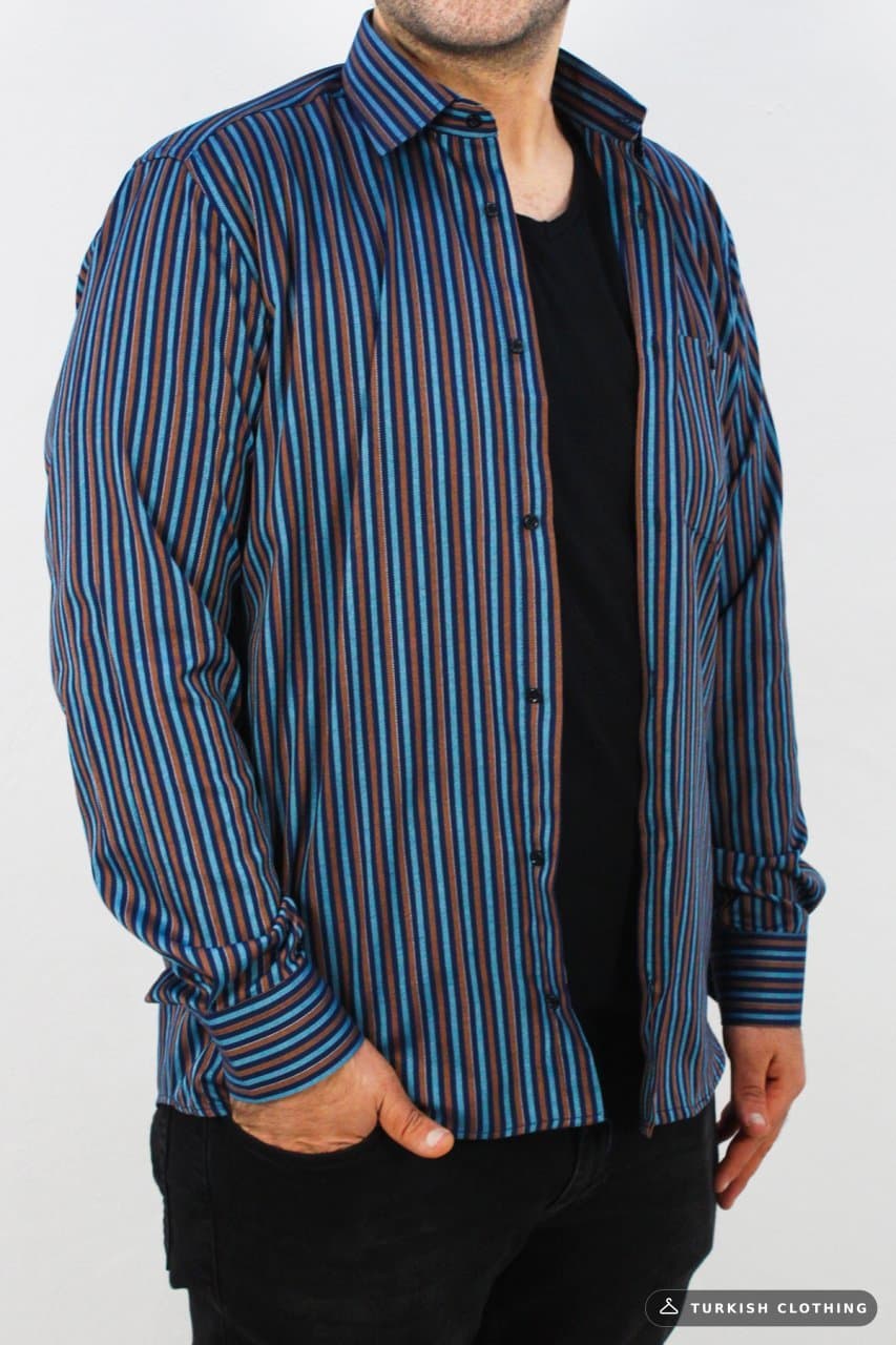 Men's Classic Cut Single Pocket Long Sleeve Blue Brown Shirt – wholesale Shirts by Varetta, Turkish clothing manufacturer