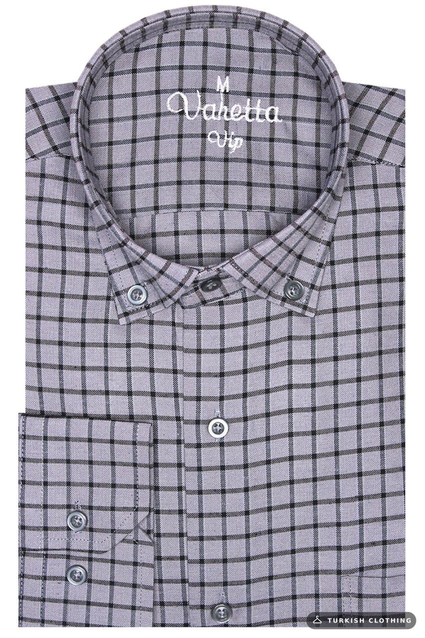 Men's Gray Long Sleeve Plaid Checked Classic Cut Collar Buttoned Pocket Shirt – wholesale Shirts by Varetta, Turkish