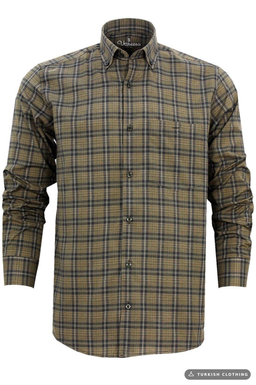 Men's Khaki Green Classic Cut Checked Collar Buttoned Single Pocket Long Sleeve Shirt – wholesale Shirts by Varetta, Turkish