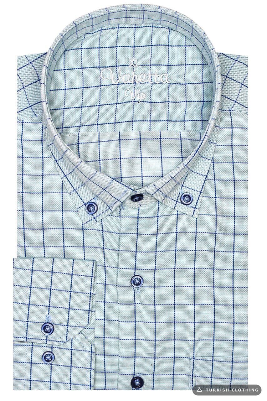 Men's Mint Green Long Sleeve Plaid Checked Classic-Cut Collar Buttoned Pocket Shirt – wholesale Shirts by Varetta, Turkish