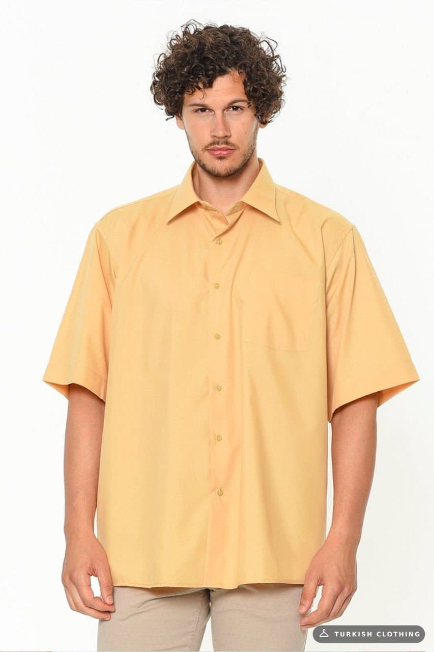Men's Mustard Color Short Sleeve Plus Size Cotton Satin Shirt – wholesale Shirts by Varetta, Turkish clothing manufacturer