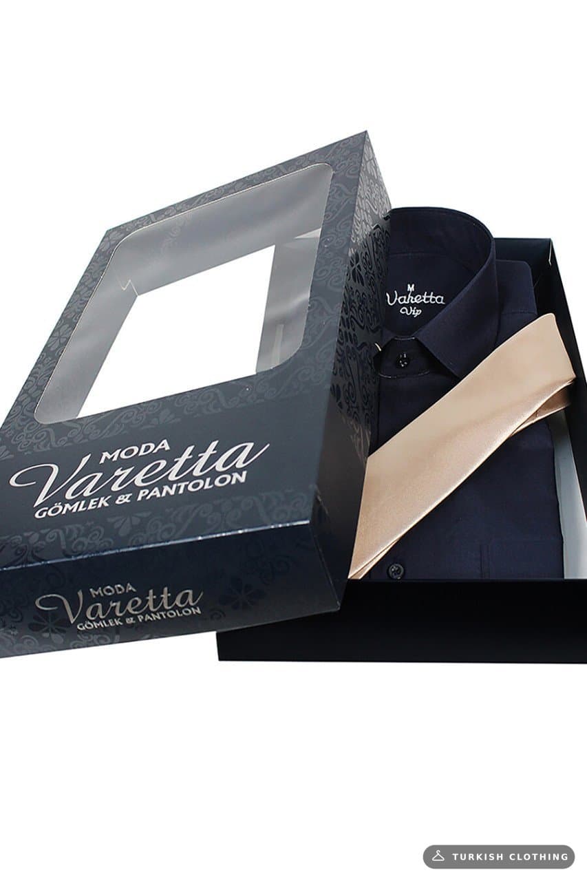 Men's Navy Blue Classic Cut Long Sleeve Single Pocket Shirt Beige Color Tie Combination – wholesale Shirts by Varetta,
