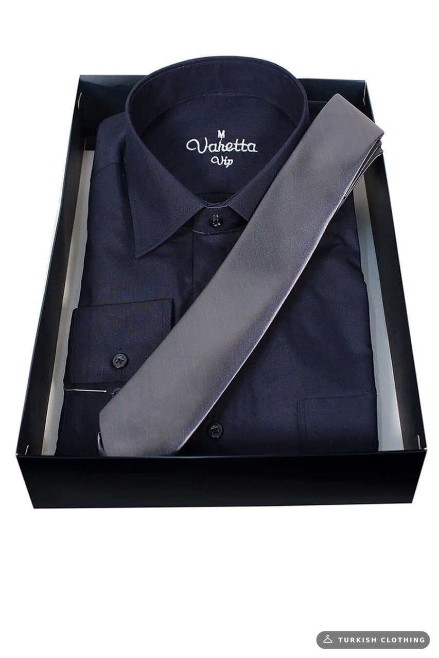 Men's Navy Blue Classic Cut Long Sleeve Single Pocket Shirt Dark Gray Tie Combination Set – wholesale Shirts by Varetta,