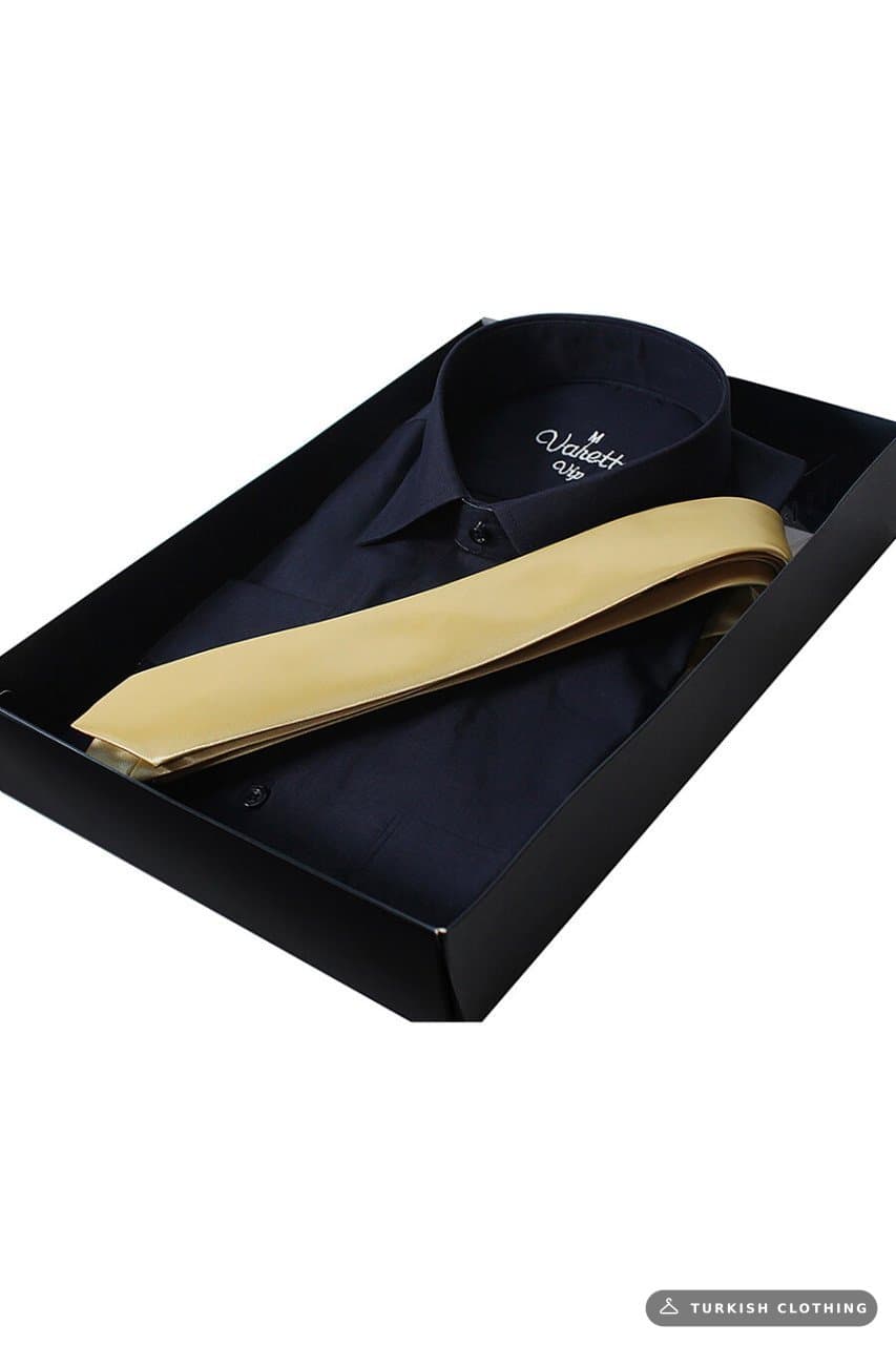Men's Navy Blue Classic Cut Long Sleeve Single Pocket Shirt Gold Tie Combination Set – wholesale Shirts by Varetta, Turkish