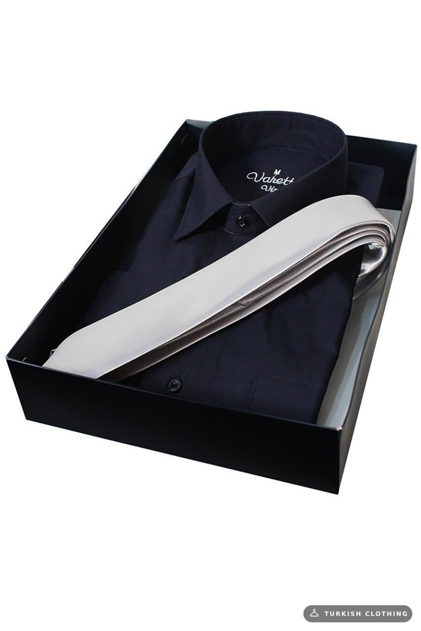 Men's Navy Blue Classic Cut Long Sleeve Single Pocket Shirt Gray Tie Combination Set – wholesale Shirts by Varetta, Turkish