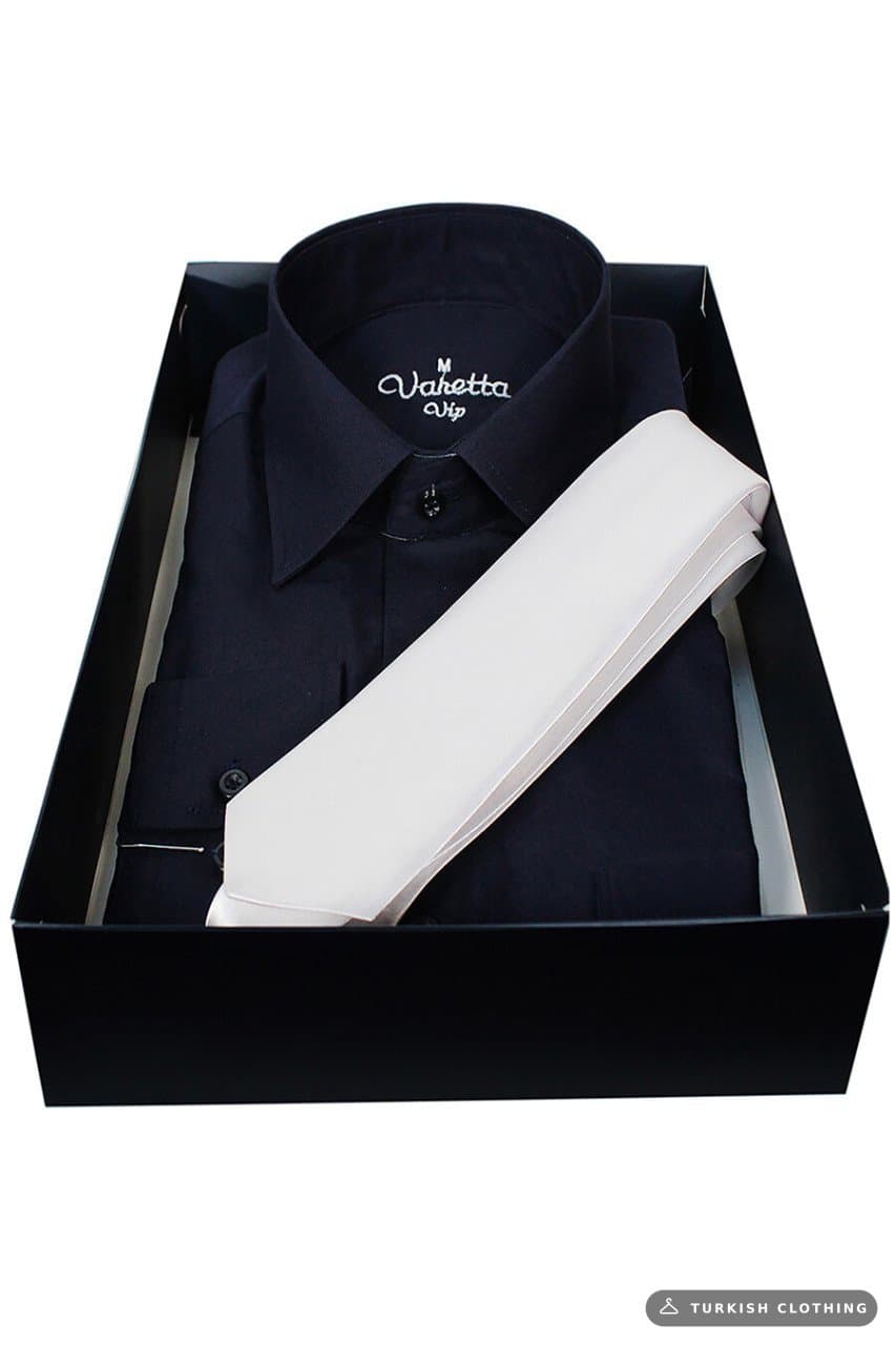 Men's Navy Blue Classic Cut Long Sleeve Single Pocket Shirt White Tie Combination Set – wholesale Shirts by Varetta, Turkish