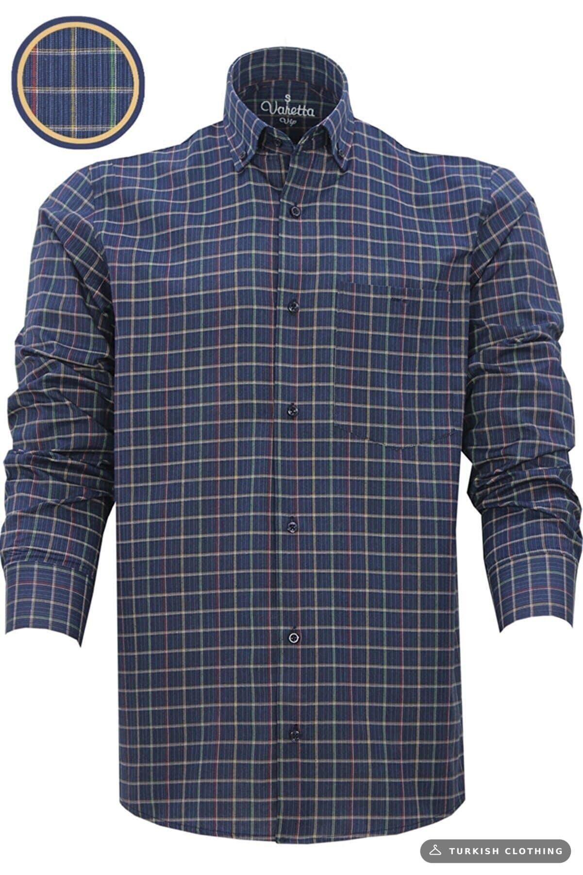 Men's Navy Blue Classic Cut Patterned Single Pocket Collar Buttoned Long Sleeve — Red – wholesale Shirts by Varetta, Turkish