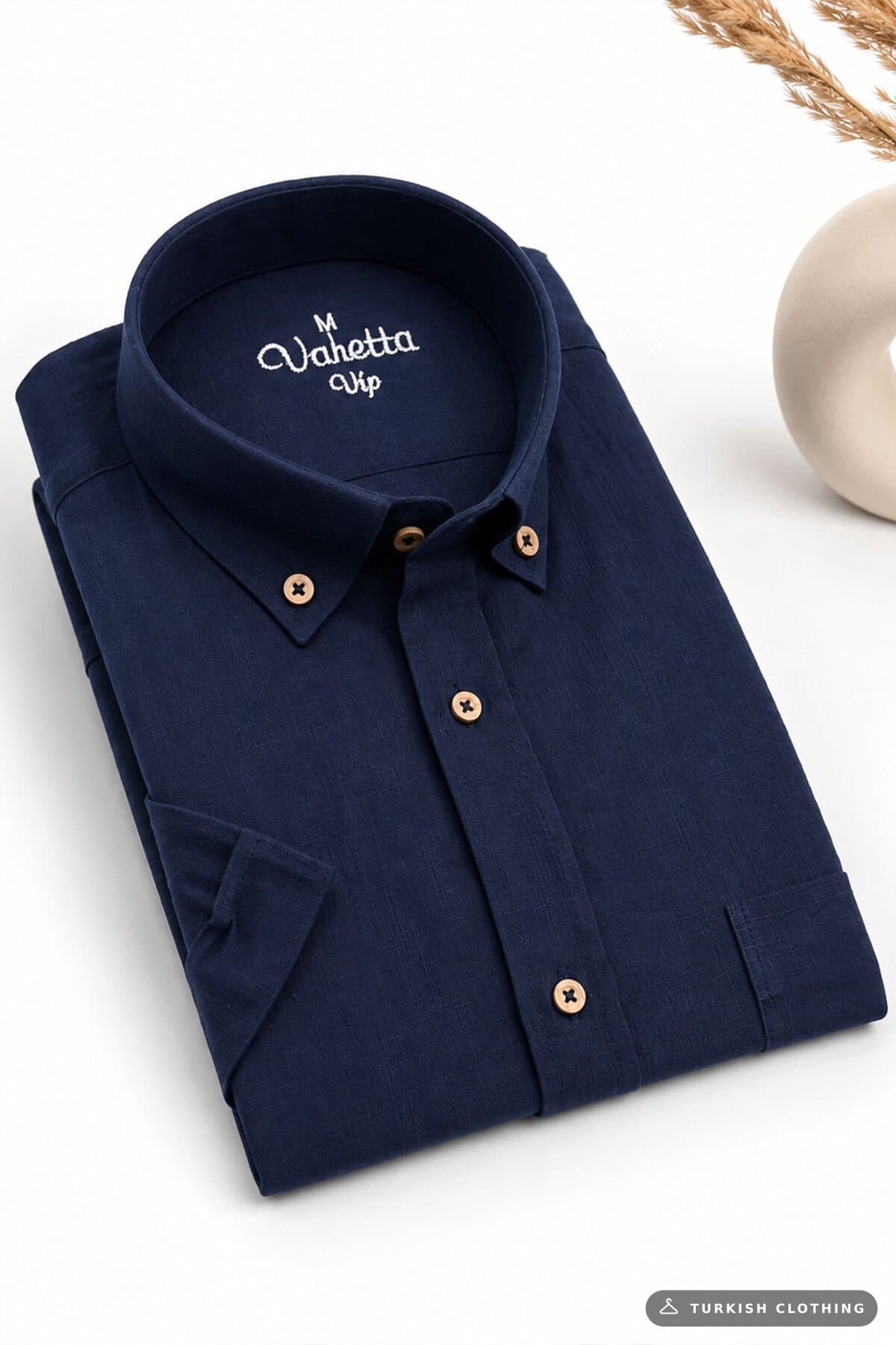 Men's Navy Blue Linen Classic Cut Short Sleeve Shirt – wholesale Shirts by Varetta, Turkish clothing manufacturer