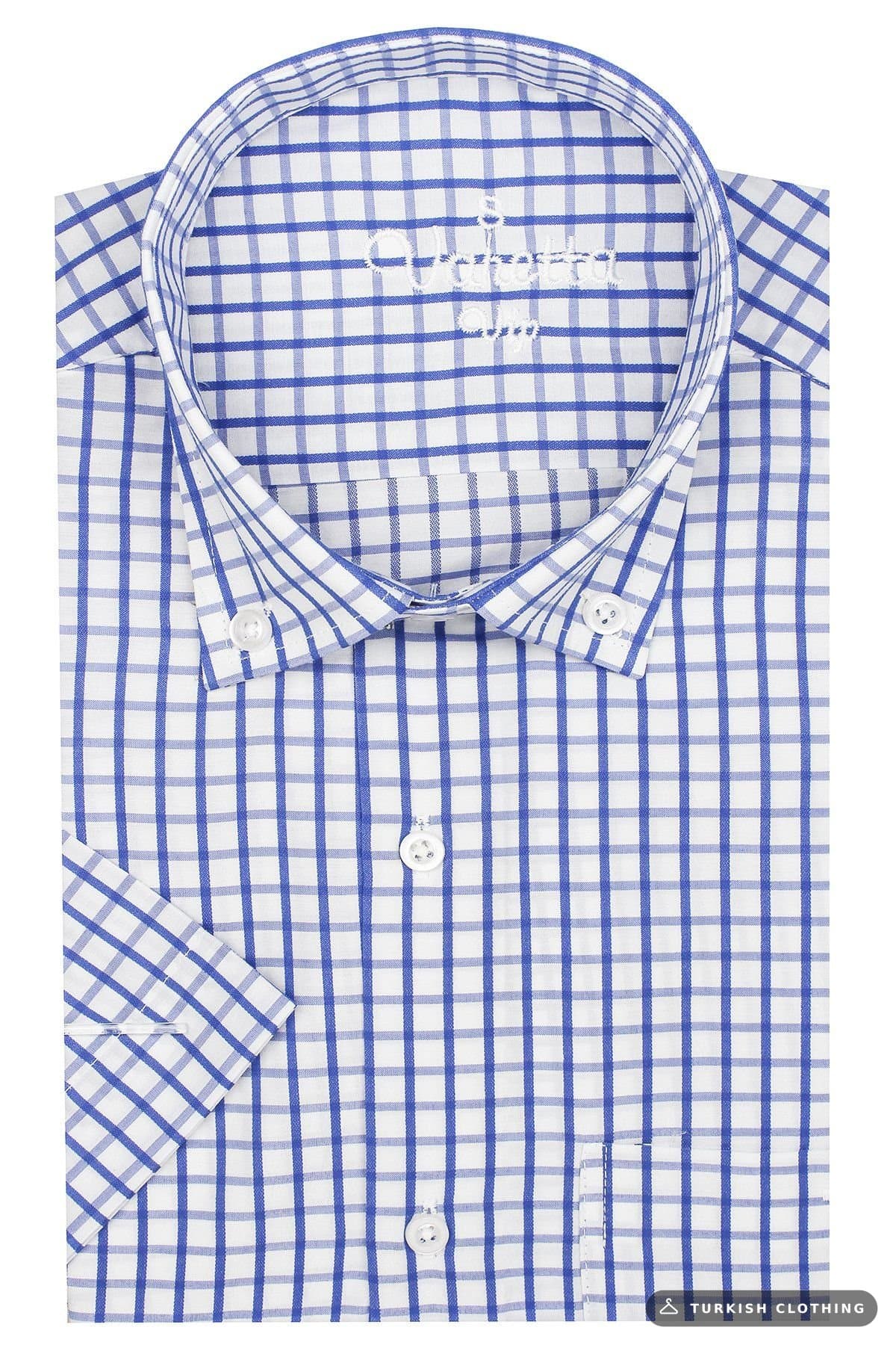 Men's Parlament Classic Cut Button Collar Checkered Short Sleeve Shirt — Blue – wholesale Shirts by Varetta, Turkish
