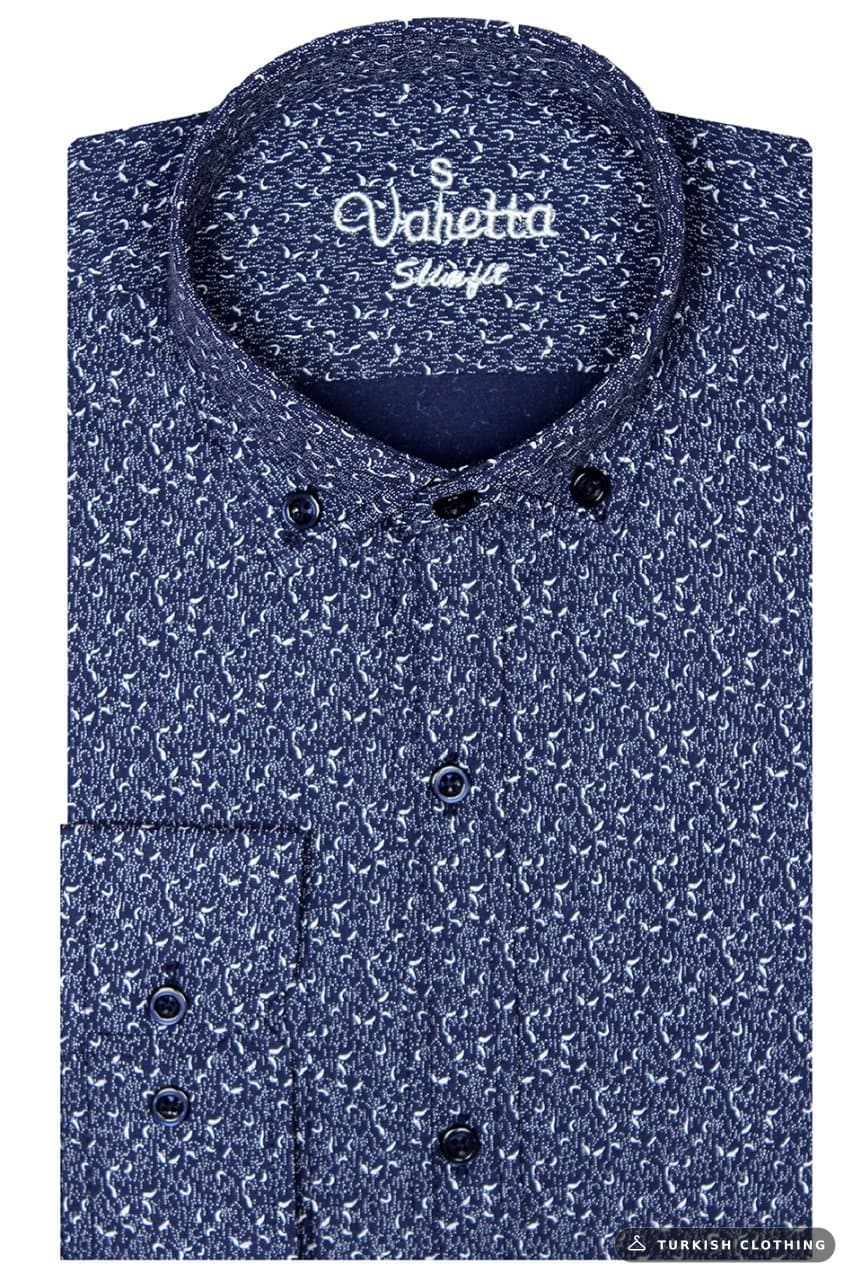 Men's Slim Fit Navy Blue Patterned Sleeve Fold Shirt – wholesale Shirts by Varetta, Turkish clothing manufacturer