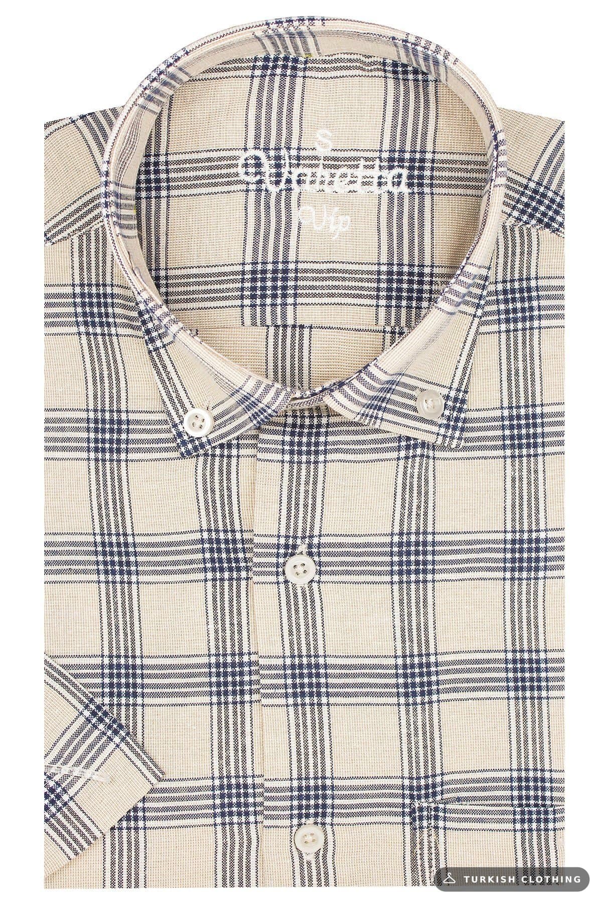 Men's Tan Classic Cut Button Collar Checkered Short Sleeve Shirt — Blue – wholesale Shirts by Varetta, Turkish clothing