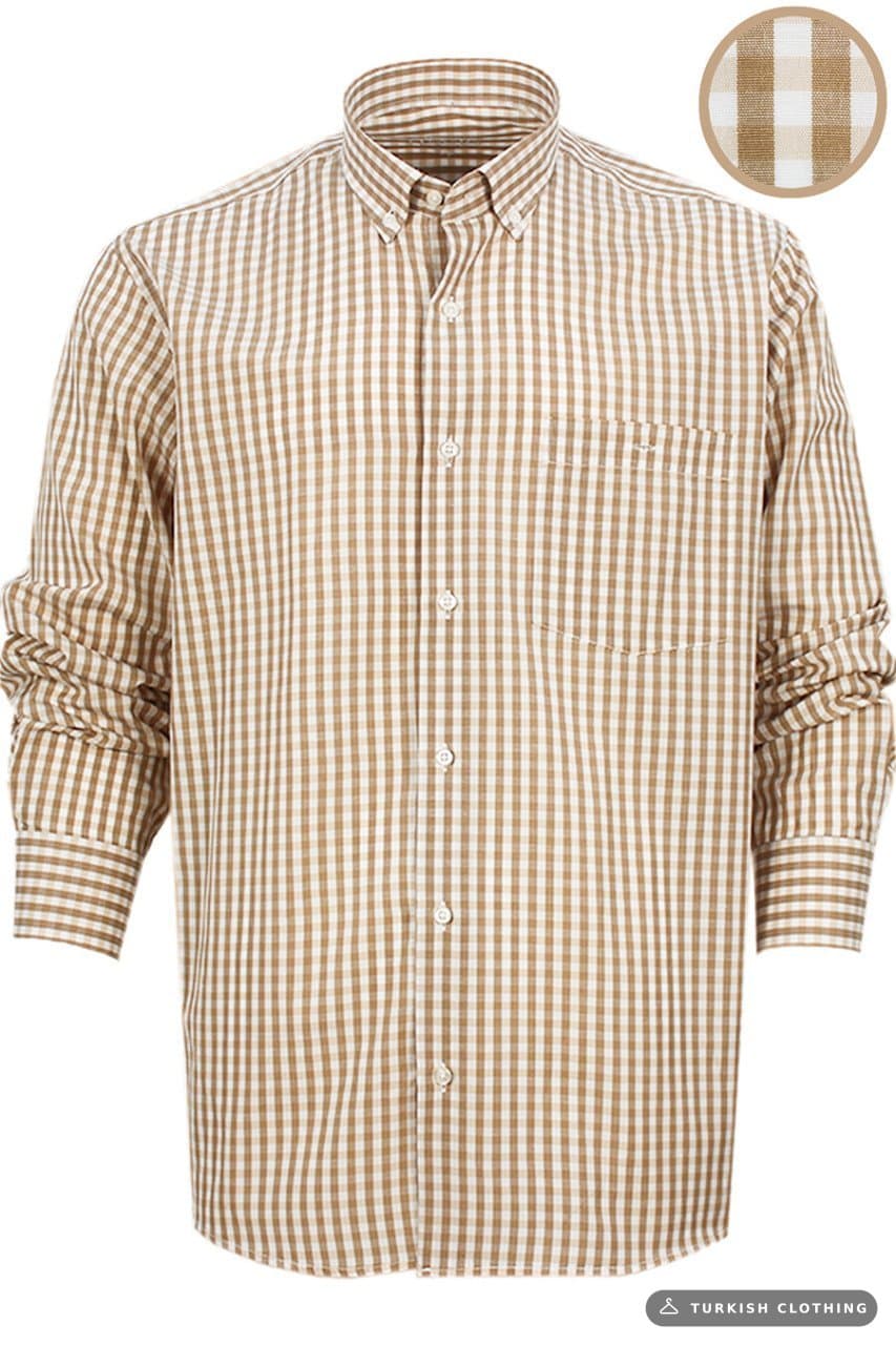 Men's Tan Color Classic Cut Checked Collar Buttoned Single Pocket Long Sleeve Shirt – wholesale Shirts by Varetta, Turkish