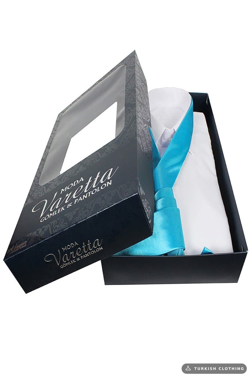 Men's White Classic Cut Long Sleeve Single Pocket Shirt Blue Tie Combination Set – wholesale Shirts by Varetta, Turkish