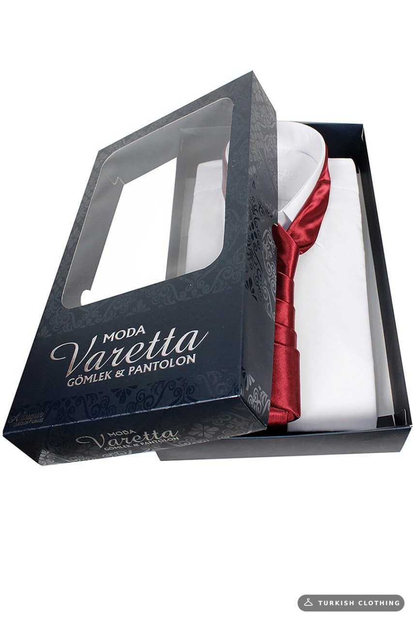 Men's White Classic Cut Long Sleeve Single Pocket Shirt Claret Red Tie — Burgundy – wholesale Shirts by Varetta, Turkish