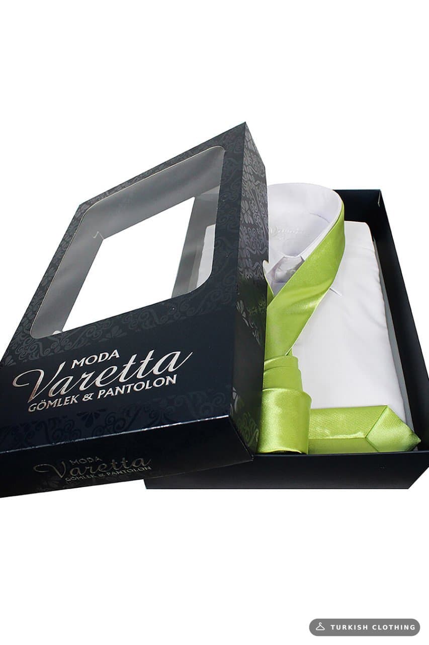 Men's White Classic Cut Long Sleeve Single Pocket Shirt Green Tie Combination Set – wholesale Shirts by Varetta, Turkish