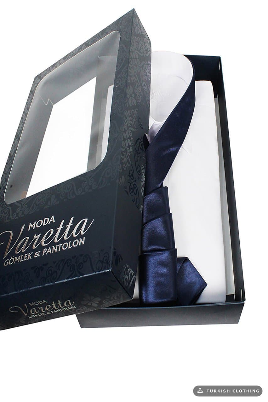 Men's White Classic Cut Long Sleeve Single Pocket Shirt Navy Blue Tie Combination Set – wholesale Shirts by Varetta, Turkish