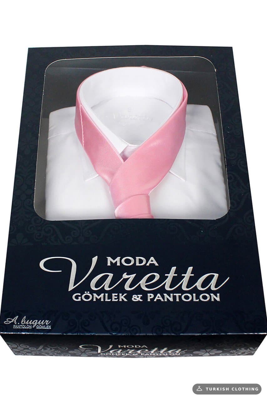 Men's White Classic Cut Long Sleeve Single Pocket Shirt Pink Tie Combination Set – wholesale Shirts by Varetta, Turkish