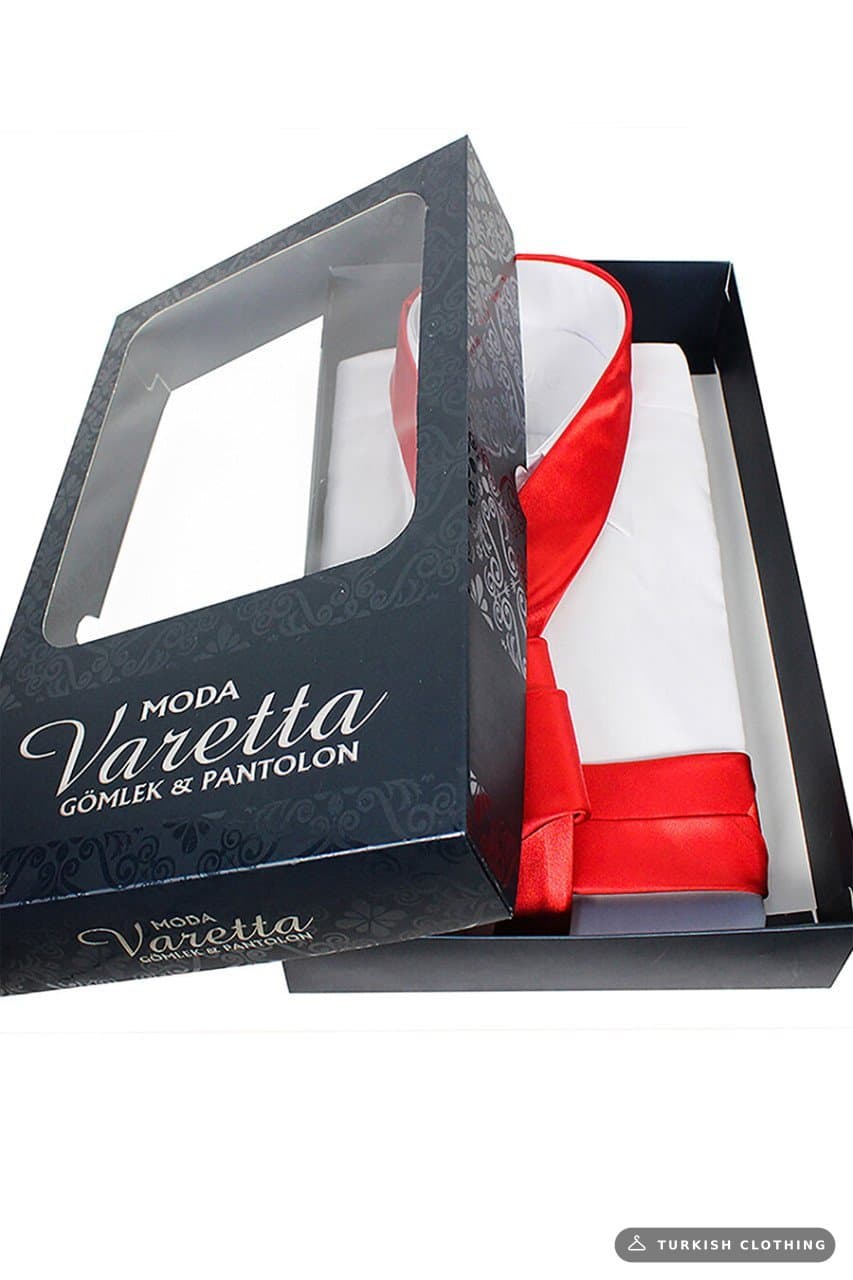 Men's White Classic Cut Long Sleeve Single Pocket Shirt Red Tie Combination Set – wholesale Shirts by Varetta, Turkish